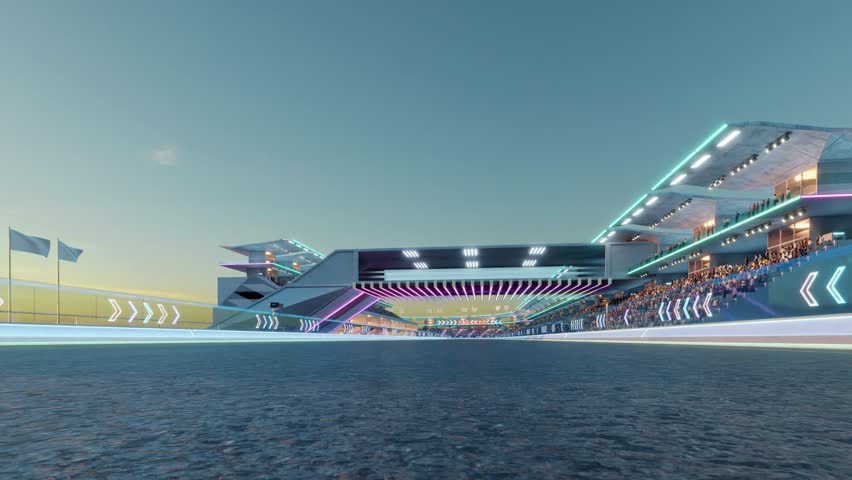 Speeding formula race car on illuminated night track with vibrant lights and cheering spectators. 3d rendering animation	
