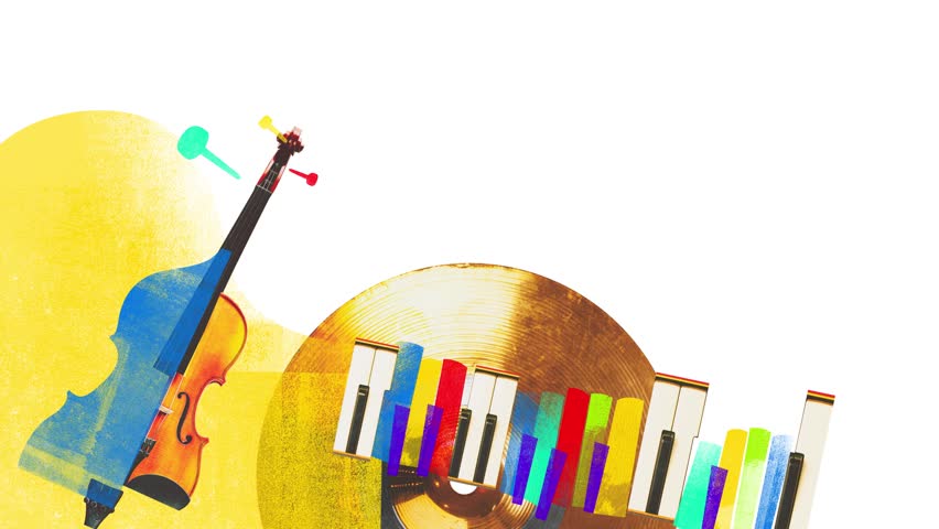 Contemporary stop motion. Animation. Abstract artwork of violin, colorful piano keys and vinyl record, symbolizing fusion of classical and modern music. Concept of music festivals, concert and parties