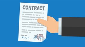 Animation of a hand presenting a signed contract from the right on blue background (flat design) - Powered by Shutterstock - Get 15% off with code: PIKWIZARD15