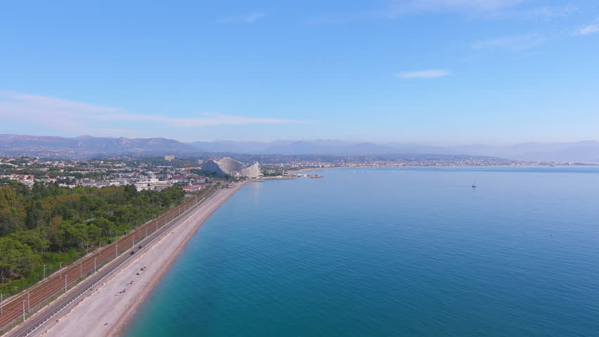 Nice, France: Aerial view of beach Plage de Vaugrenier in famous resort city by Mediterranean Sea on French Riviera - landscape panorama of Europe from above