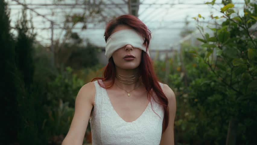 cinematic slow-footage of young woman in a white dress and blindfolded walks with a stretched arm 