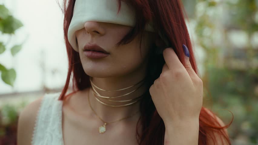 cinematic tilt-down video of a Young woman in a white dress caressing her red hair 