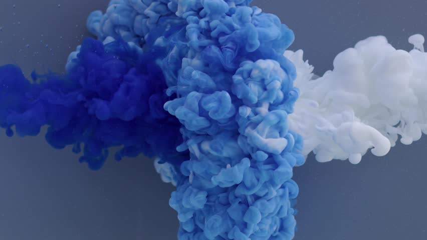 Blue and white paint splash each other in water against a grey background, colored ink spreads and bursts like a colorful cloud, fluorescent lighting and natural glitter. Slow motion, 4K.