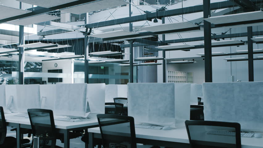 Collapse of leasing business. Big modern office with covered computers, closed due to quarantine