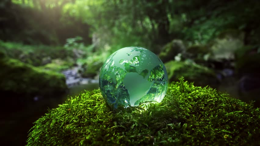 Glass globe on grass moss in forest,symbolizing the concept of World Environment Day, renewable energy, sustainable development goals