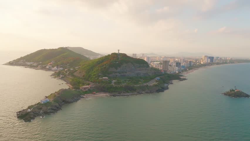 Top view of Vung Tau with statue of Jesus Christ on Mountain . the most popular local place. Christ the King, a statue of Jesus. Travel concept.