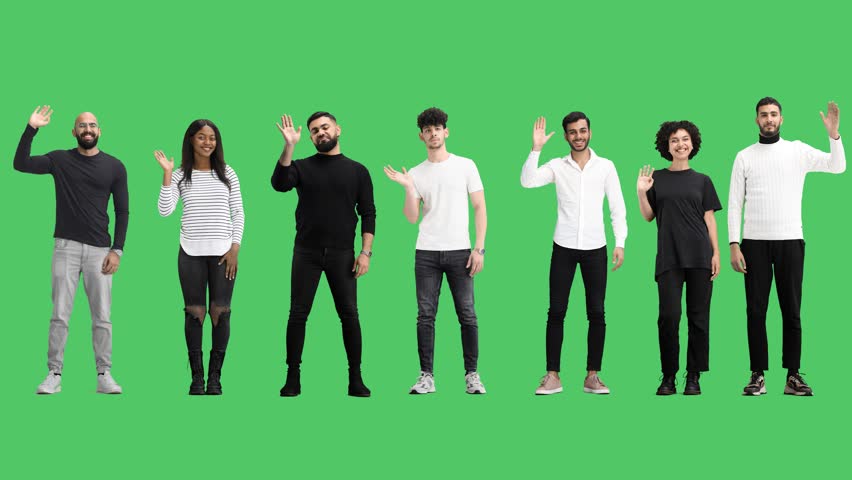 A group of people, in full height, on a white background, waving their hands