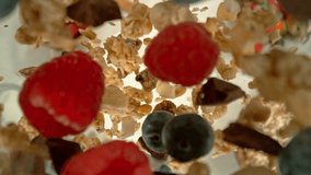 Super Slow Motion of Falling Cereals into Milk. Camera Follows the Target, Overhead Shot. Filmed on High Speed Cinema Camera, 1000fps, Placed on Cine Bot. - Powered by Shutterstock - Get 15% off with code: PIKWIZARD15