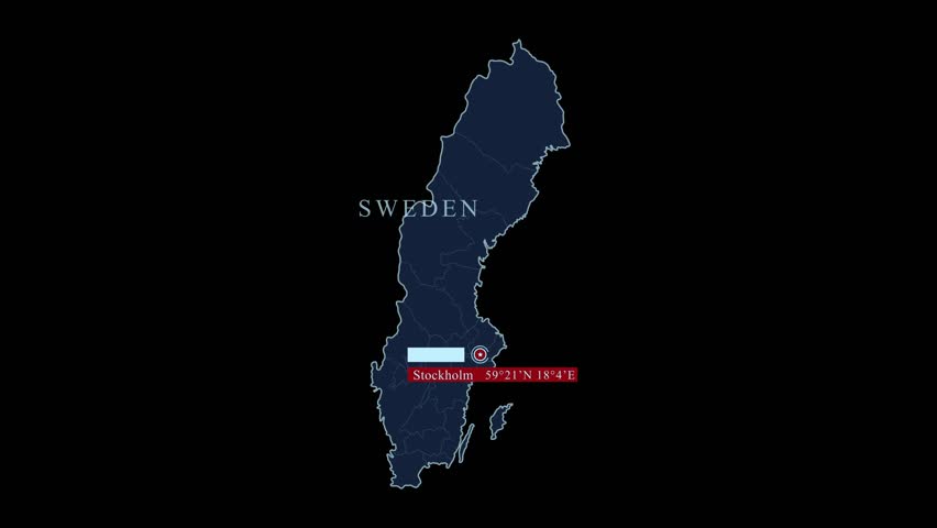 Stylized Sweden map with Stockholm capital city and geographic coordinates on black background. Motion graphic vfx digital animation