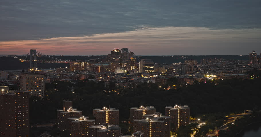 NYC New York Aerial v257 flyover capturing Washington Heights residential area in Upper Manhattan and Fort Lee across Hudson river against sunset dusk sky - Shot with Inspire 3 8k - September 2023