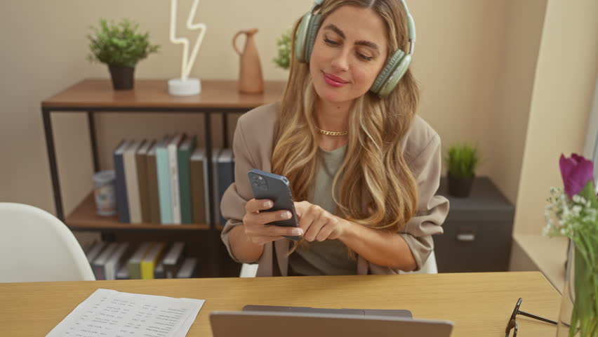 A joyful young woman dances at home, wearing a headset and a blazer, embodying relaxation and work-life balance.