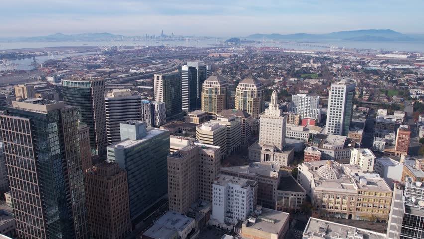 Downtown Oakland, California USA. Aerial View of City Hall and Central Towers and Skyscrapers