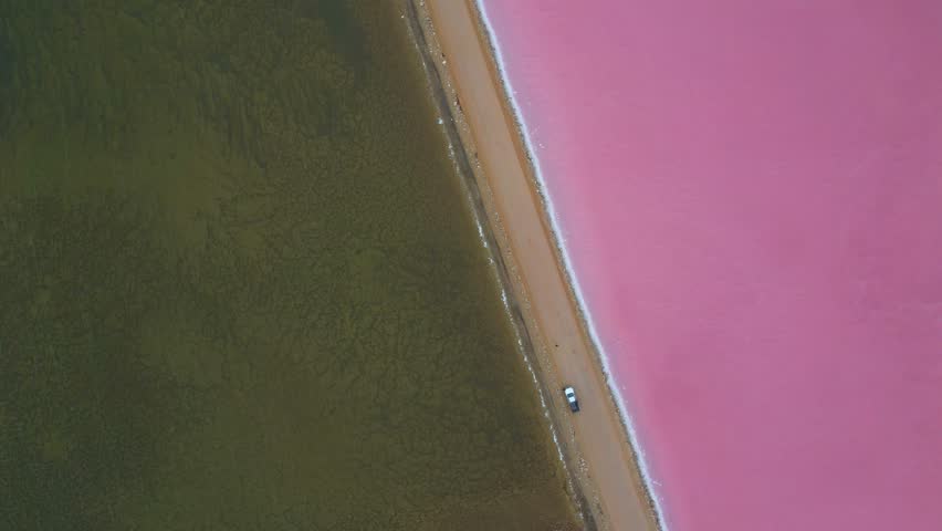 Car on street between Cactus Beach and Point Sinclair Pink Lake in Australia. Aerial top down circle shot.