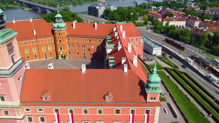 Aerial drone Castle palace square in Warsaw, Poland, European city