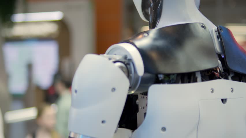 Close-up images of a futuristic humanoid robot demonstrating advanced technology at a tech exhibition.