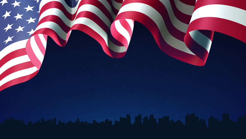 Animated 4th of july usa independence day banner. American fireworks flag on night dark sky background. Fourth of july, USA national holiday july 4. US flag, fireworks. Greeting card. Seamless loop