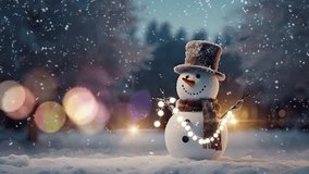 Animated Christmas concept decorations with a snowman surrounded by snowfall. Cartoon style. seamless looping time lapse video 4k animation background. - Powered by Shutterstock - Get 15% off with code: PIKWIZARD15