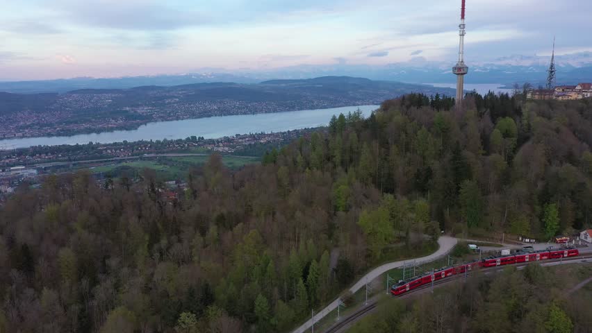 Train Going on Uetliberg Mountain. Zurich City and Zurich Lake. Switzerland. Aerial View