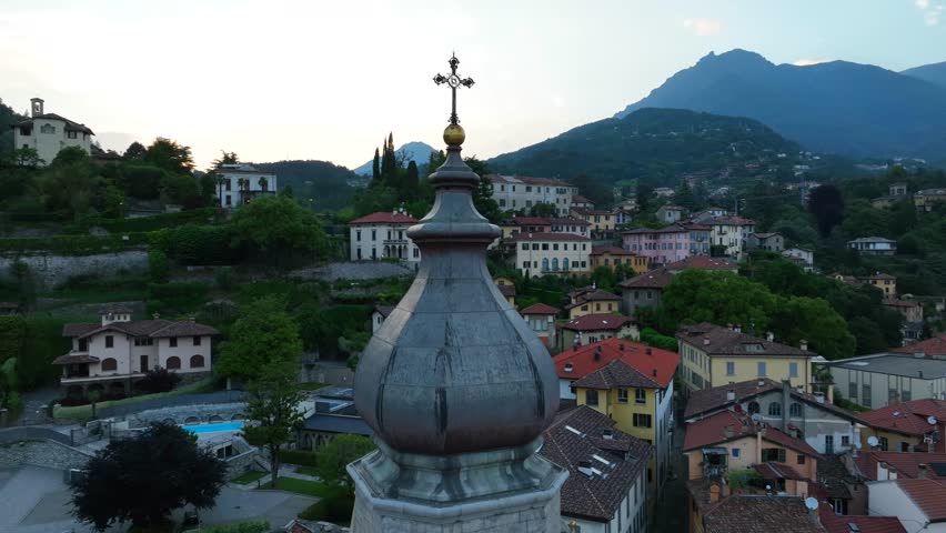 Aerial view of Menaggio beautiful old town of ancient origins overlooking Lake Como, Menaggio town surrounded by beautiful mountains . Lombardy, Italy
