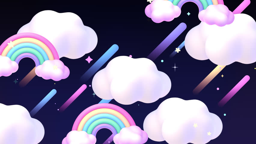 Looped cartoon rainbow sky with shooting stars and clouds animation.