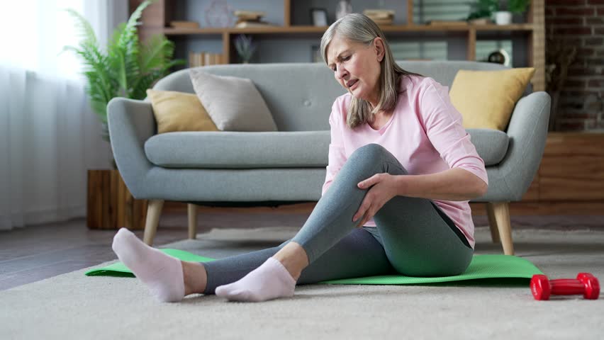 Senior woman suffers from leg pain, calf muscle spasm during a gymnastics workout sitting on floor on a mat in the living room at home. Elderly woman massaging leg calf muscle cramps tendon at calves