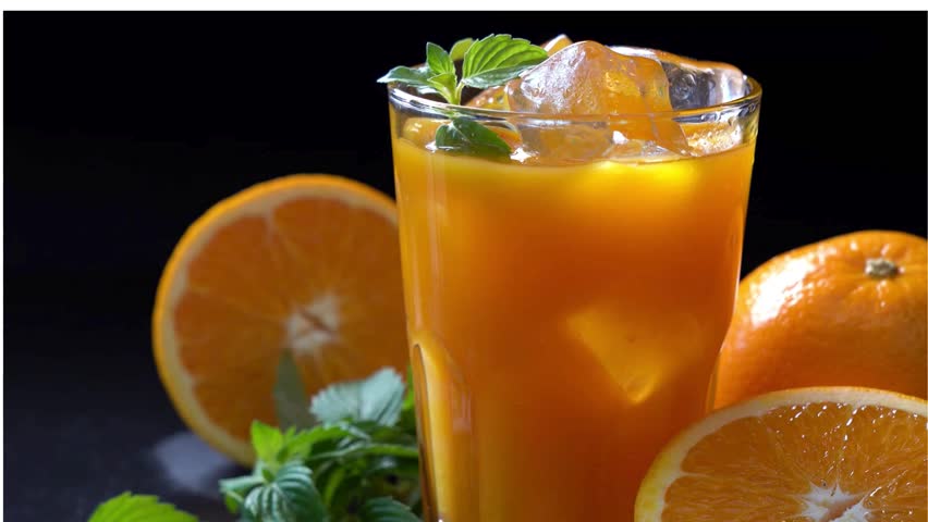 Orange juice. Glass of fresh orange juice stock video 4k, Yellow lemonade pouring, slices of orange, ice cubes, straw and mint with the glass. - Powered by Shutterstock - Get 15% off with code: PIKWIZARD15