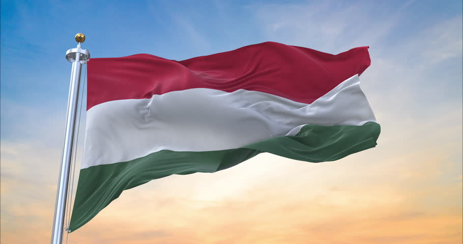 Flag of Hungary realistic waving in the wind with sundown background (Perfect Loop)