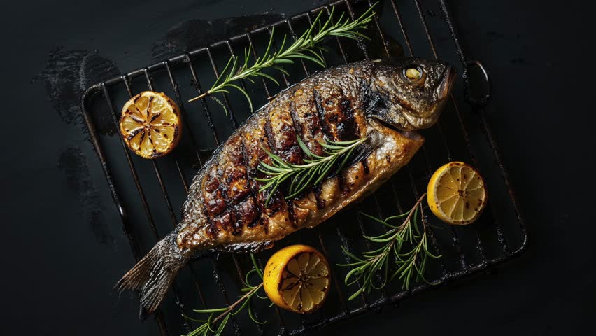 Delicious whole fish grilled to perfection with lemon and fresh rosemary on a BBQ grill. Perfect for a healthy, gourmet meal.