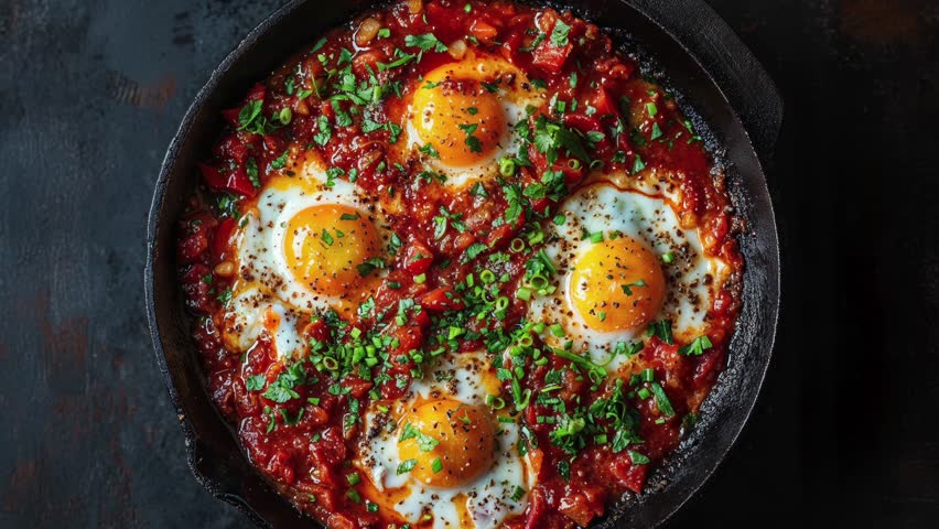 Tasty shakshuka with poached eggs cooked in a cast iron skillet, topped with fresh herbs and spices. Perfect for breakfast or brunch.