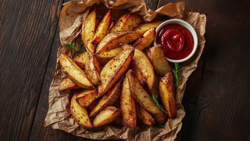 Top view of delicious, seasoned potato wedges with a side of ketchup on rustic paper. Perfect for snack or side dish visuals.