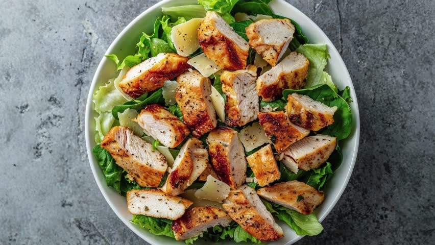 A top view of a fresh grilled chicken salad with parmesan cheese and leafy greens in a bowl. Perfect for healthy eating concepts.
