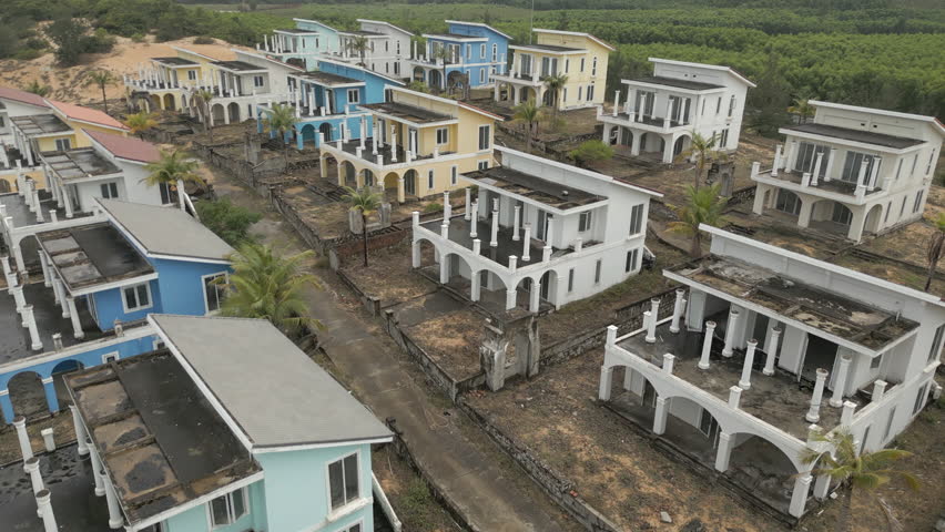 Abandoned Villas At Unfinished Holiday Resort In Lang Co Vietnam Drone Flyover 4K 60FPS