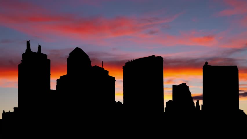 New Jersey: Atlantic City Downtown Skyline at Twilight, Time Lapse with Colorful Clouds, USA