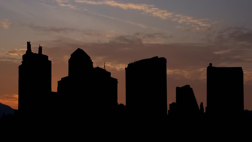 Atlantic City Skyline silhouette, Time Lapse at Sunrise with Colorful Clouds, New Jersey, USA
