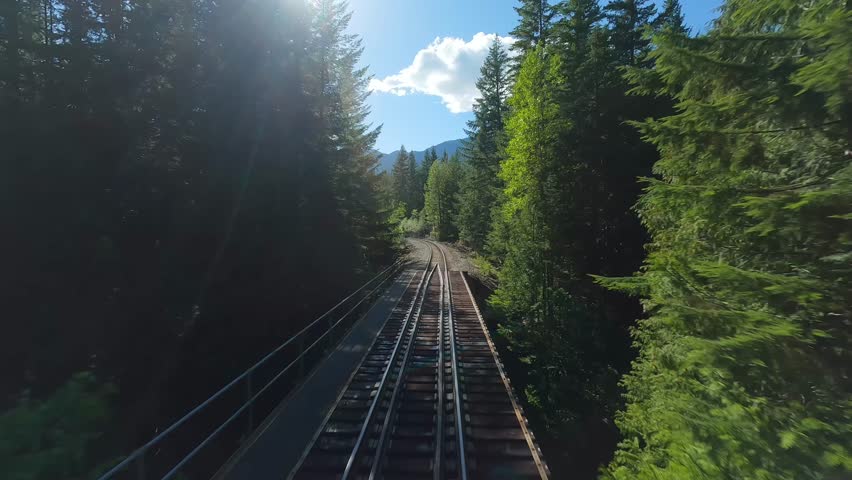 FPV drone is flying fast forward over railway track. Canada