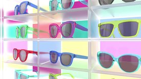 The store showcase shelf with assortment of colorful plastic sunglasses. The collection of fashionable accessories for eyes protection from sun rays. 3d render - Powered by Shutterstock - Get 15% off with code: PIKWIZARD15