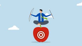 Concentration and focus on business goal, 4k animation of businessman archery holding bow and arrow, meditating and concentrating on mark center of apple. - Powered by Shutterstock - Get 15% off with code: PIKWIZARD15