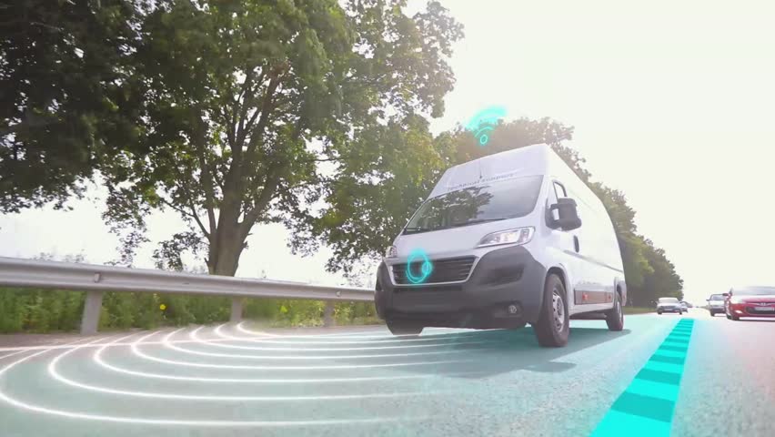 A white minibus delivers parcels. Smart delivery of goods. Smart delivery bus concept. - Powered by Shutterstock - Get 15% off with code: PIKWIZARD15