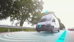 A white minibus delivers parcels. Smart delivery of goods. Smart delivery bus concept. - Powered by Shutterstock - Get 15% off with code: PIKWIZARD15