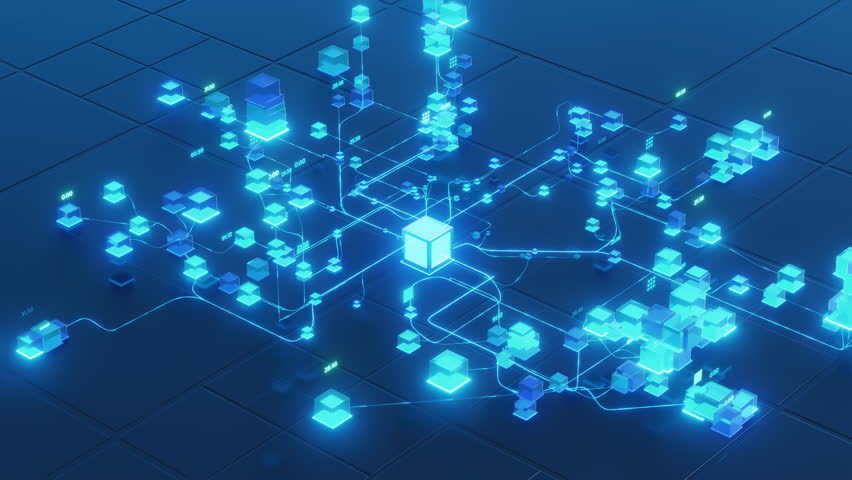 A conceptual representation of big data with interconnected glowing blue nodes and lines, illustrating data flow and connectivity.
