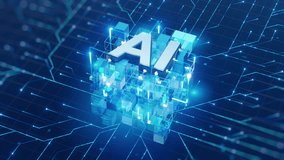 A conceptual illustration of AI integration with a big data network, featuring interconnected glowing blue cubes and advanced data processing. - Powered by Shutterstock - Get 15% off with code: PIKWIZARD15