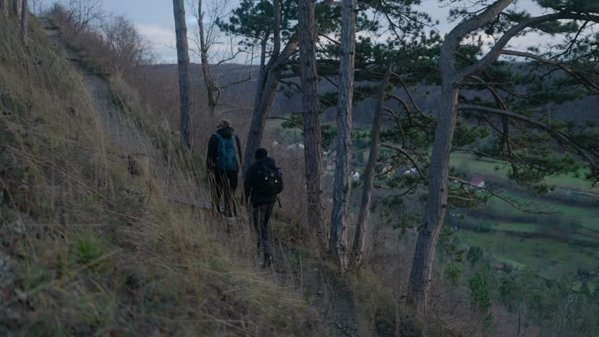 A drone view of two men with backpacks walking up a slope through a forest during autumn season with green field in the background