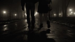 Back view of a couple walking in a foggy night city park illuminated by street lamps. Middle shot - Powered by Shutterstock - Get 15% off with code: PIKWIZARD15