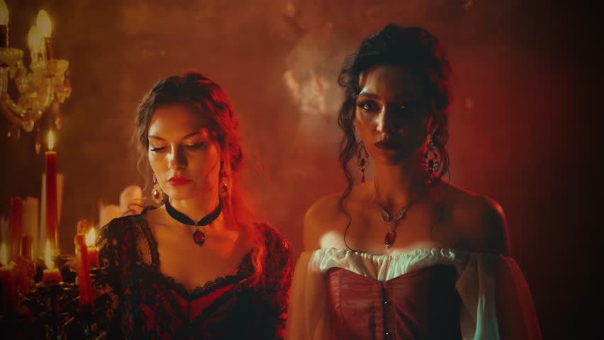 Real people two women vintage clothes white red dress. Fantasy Sexy girl beauty face walking in night dark room hand holding old style candlestick candles burning light. Gothic Mystery woman queen. 4k