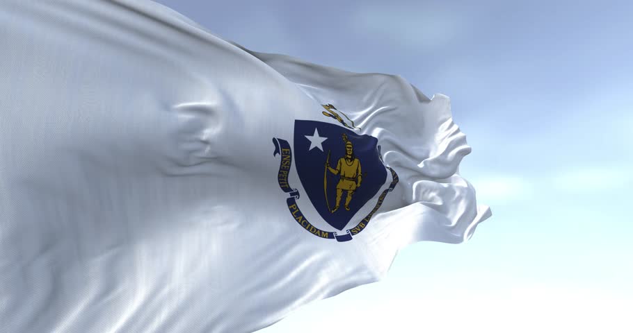 close-up of Massachusetts state flag waving in the wind on a clear day. Seamless 3d render animation. Slow motion loop. Selective focus