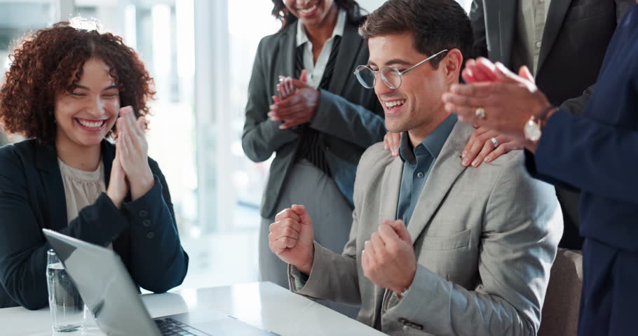 Business people, collaboration and meeting success with teamwork, seminar and achievement. Workforce, celebration and labor lawyer group with professional staff and planning in office with sequence