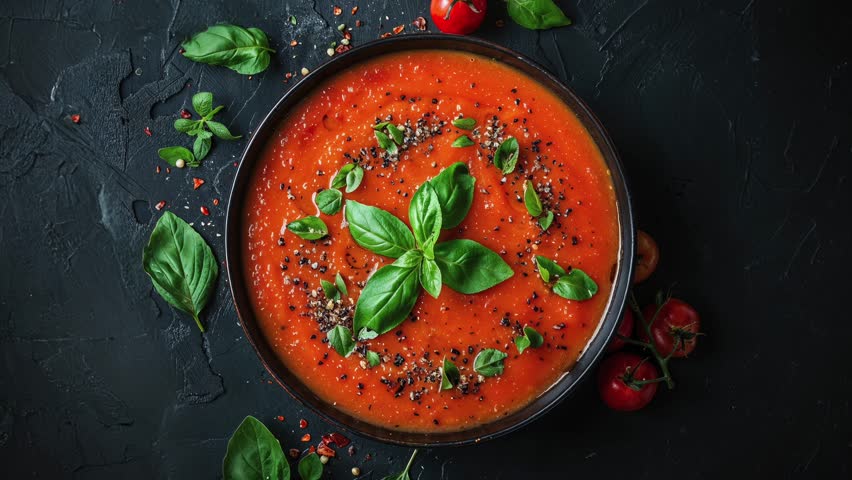 Delicious homemade tomato soup garnished with fresh basil leaves and black pepper. A vibrant and appetizing dish perfect for lunch or dinner.