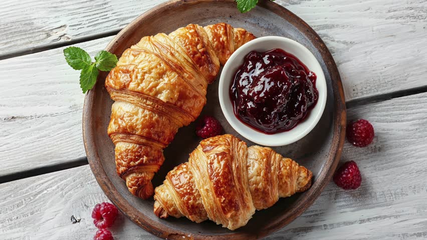 Top view of delicious croissants served with raspberry jam on a rustic plate, perfect for breakfast or brunch.
