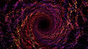Vibrant and colorful swirl made of bright particle waves spreading on a black background. Tunnel shaped cloudy structure with light yellow, purple and red splashes. Digital art animation. 4k 60 fps - Powered by Shutterstock - Get 15% off with code: PIKWIZARD15