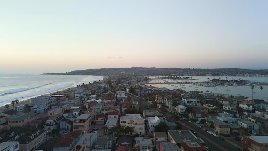 Mission Beach Downtown Mission Bay In San Diego, California, United States. Aerial Drone Shot